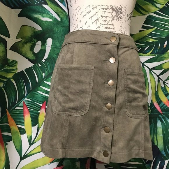 ALTAR’D State Womens XS Olive Green Button Front Faux Suede Skirt - Picture 1 of 4